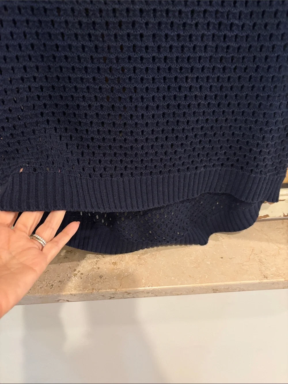 Cache Navy and White Open-Knit Crewneck Sweater